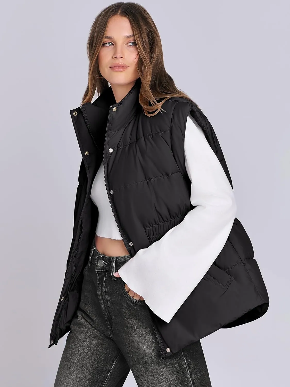 ANRABESS Women Puffer Vest Oversized Sleeveless Zip Up Stand Collar Lightweight Jackets 2025 Winter Warm Puffy Down Coats