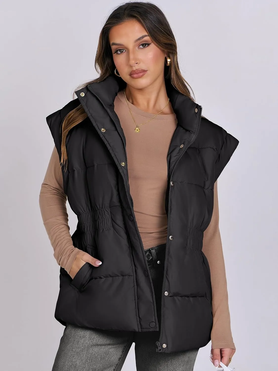 ANRABESS Women Puffer Vest Oversized Sleeveless Zip Up Stand Collar Lightweight Jackets 2025 Winter Warm Puffy Down Coats