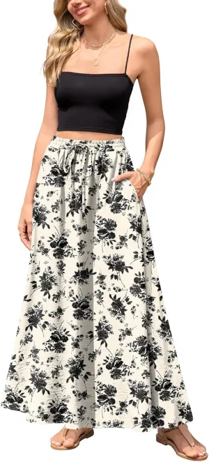 Aodemo Women's Flowy Maxi Skirt Summer Boho Pleated Elastic Waisted Casual Beach Long Skirts with Pockets L, Black Rose
