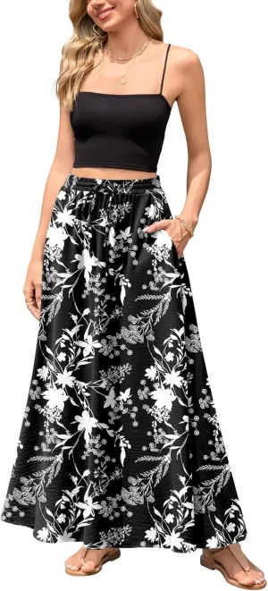 Aodemo Women's Flowy Maxi Skirt Summer Boho Pleated Elastic Waisted Casual Beach Long Skirts with Pockets