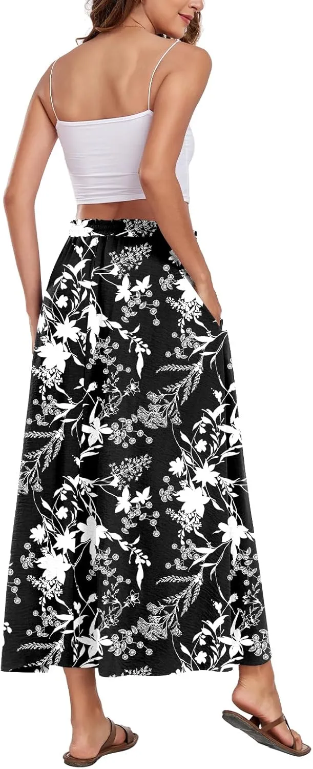 Aodemo Women's Flowy Maxi Skirt Summer Boho Pleated Elastic Waisted Casual Beach Long Skirts with Pockets