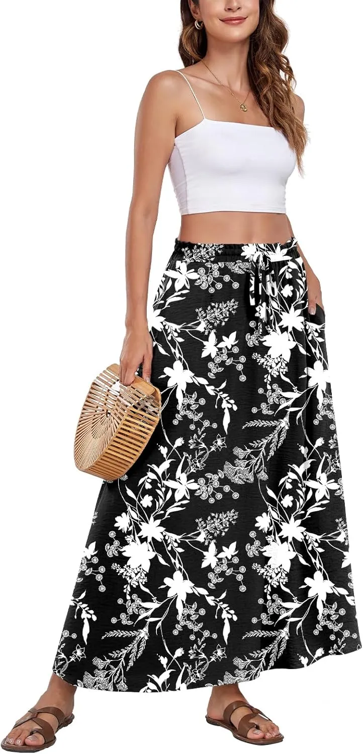 Aodemo Women's Flowy Maxi Skirt Summer Boho Pleated Elastic Waisted Casual Beach Long Skirts with Pockets