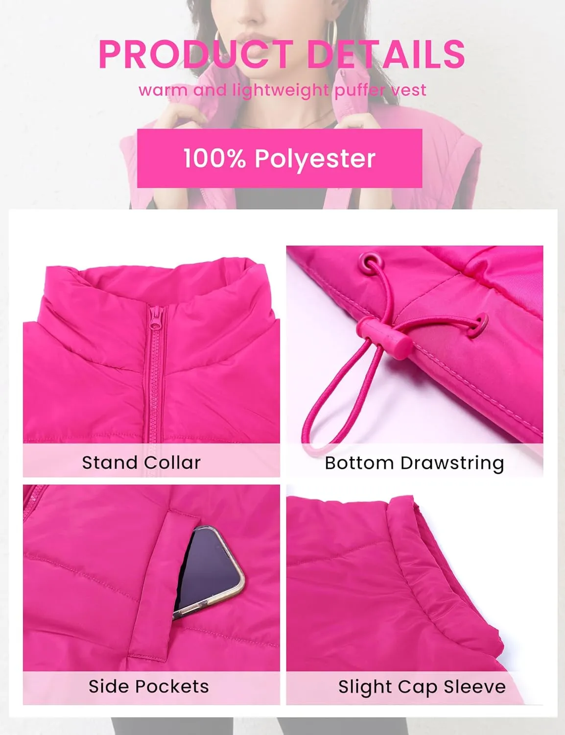 APAFES Women Winter Oversized Puffer Vest Lightweight Stand Collar Flysleeve Insulated Padded Puffy Jackets Coat with Pockets