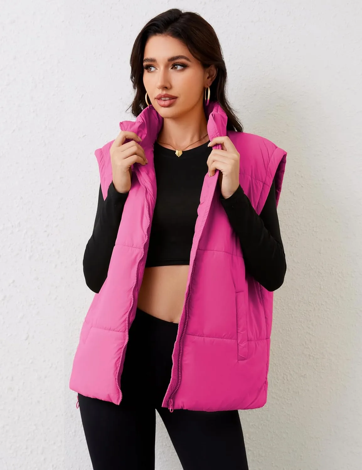 APAFES Women Winter Oversized Puffer Vest Lightweight Stand Collar Flysleeve Insulated Padded Puffy Jackets Coat with Pockets