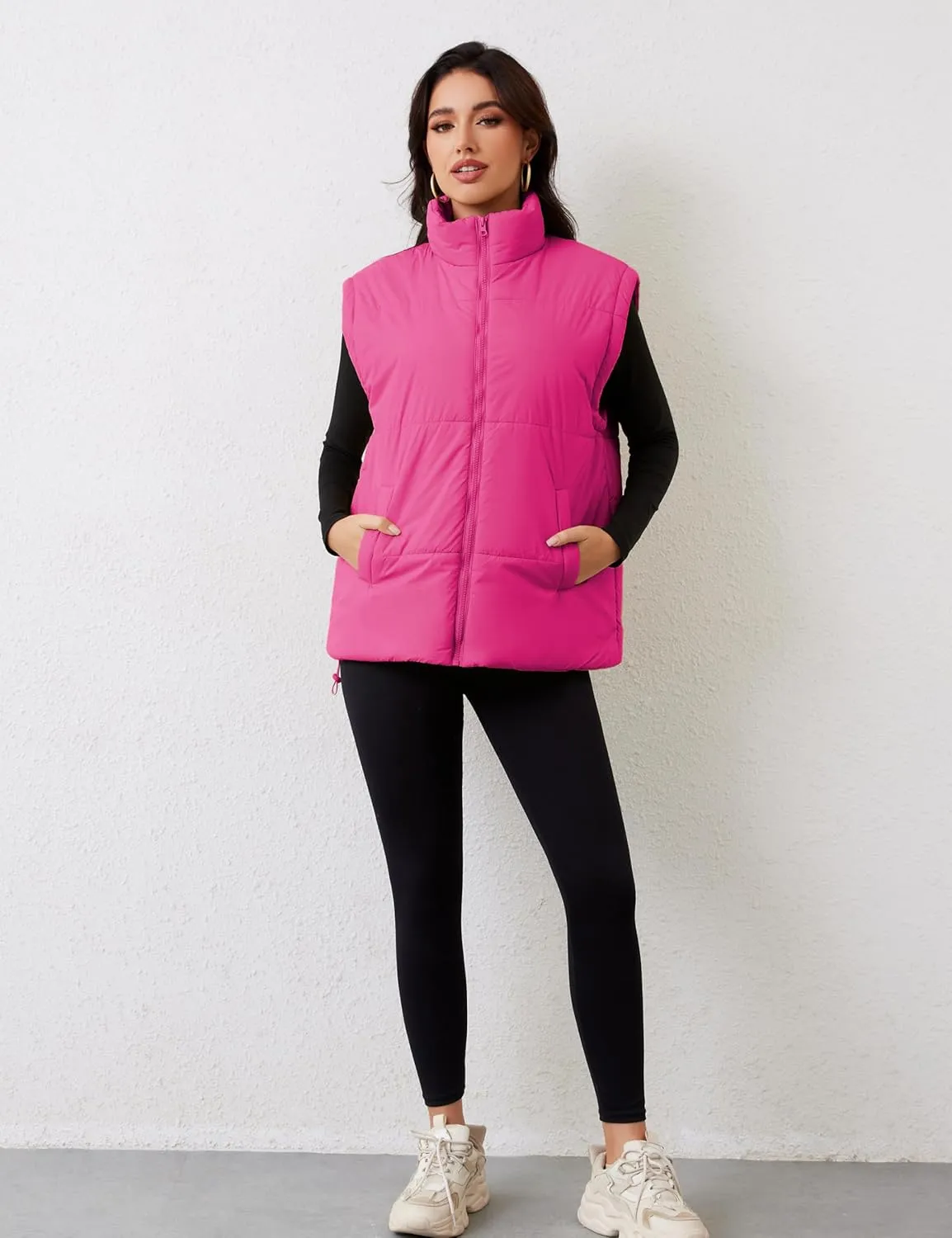 APAFES Women Winter Oversized Puffer Vest Lightweight Stand Collar Flysleeve Insulated Padded Puffy Jackets Coat with Pockets