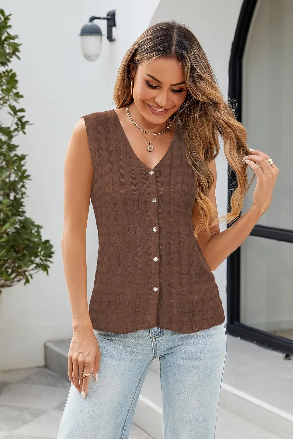 Arach&Cloz Womens Sweater Vest Tops 2025 Summer Knit V Neck Cardigan Sleeveless Button Textured Business Casual Outfits