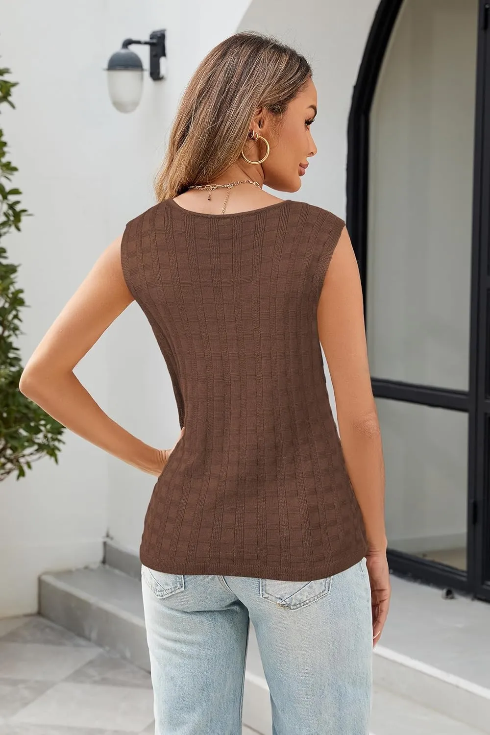 Arach&Cloz Womens Sweater Vest Tops 2025 Summer Knit V Neck Cardigan Sleeveless Button Textured Business Casual Outfits