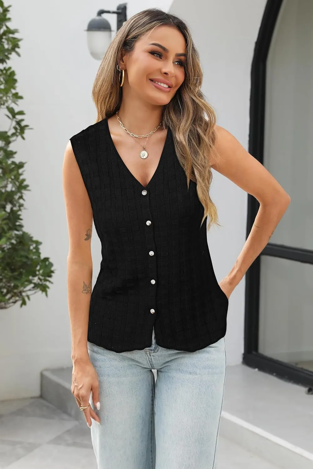 Arach&Cloz Womens Sweater Vest Tops 2025 Summer Knit V Neck Cardigan Sleeveless Button Textured Business Casual Outfits