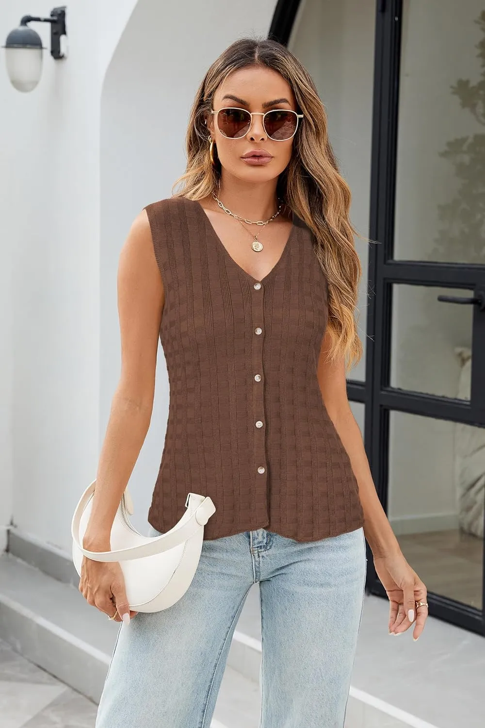 Arach&Cloz Womens Sweater Vest Tops 2025 Summer Knit V Neck Cardigan Sleeveless Button Textured Business Casual Outfits