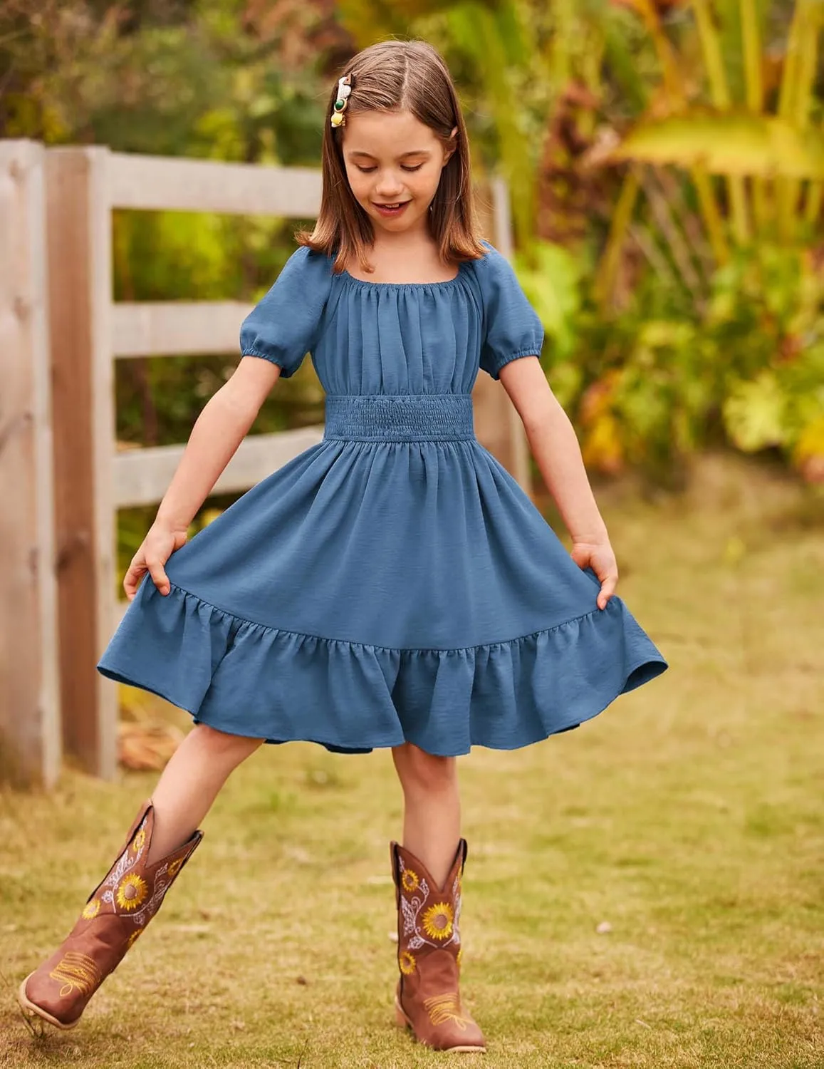 Arshiner Girls Tie Back Short Sleeve Ruffle Hem Off Shoulder Casual Elegant Dresses 4-12 Years