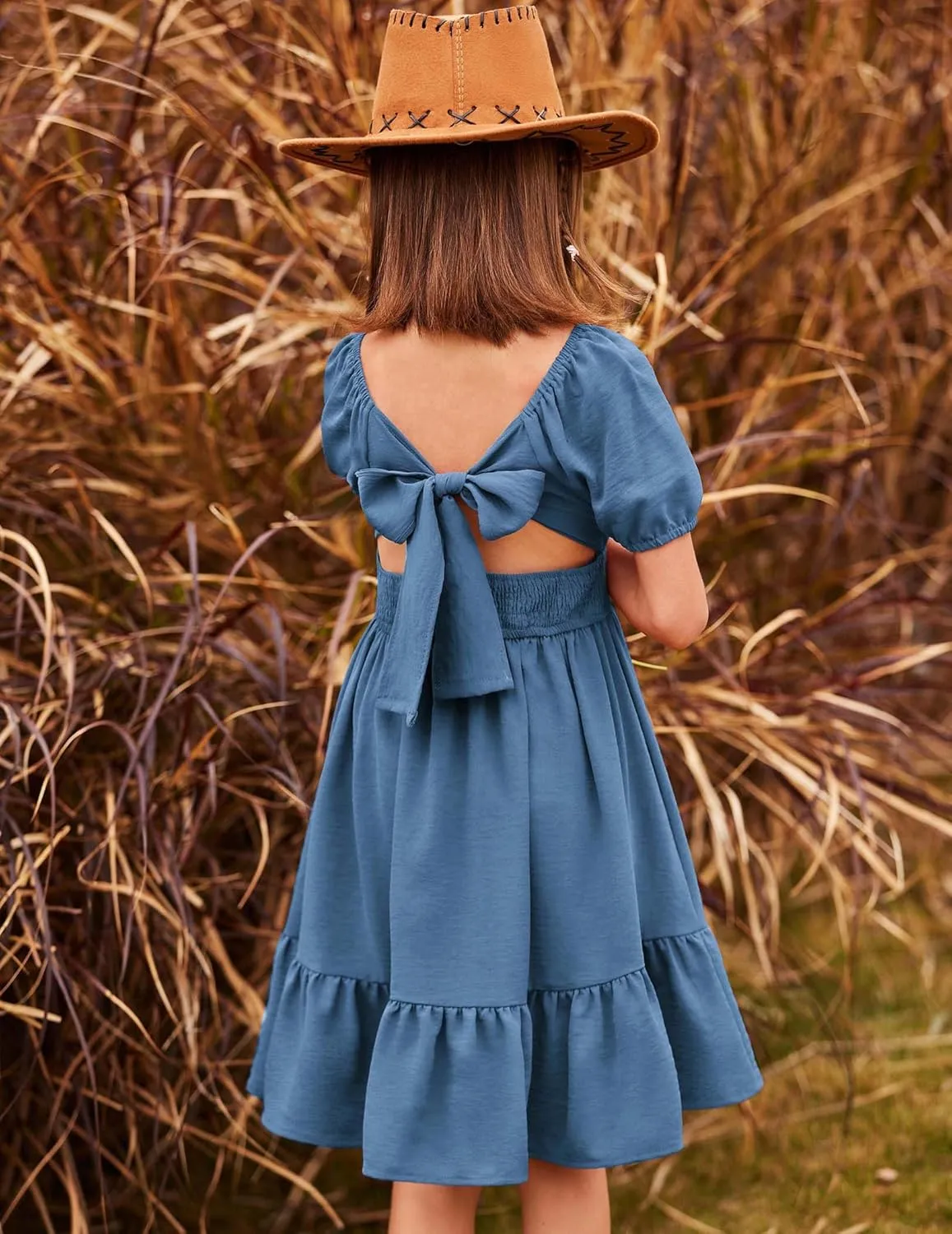Arshiner Girls Tie Back Short Sleeve Ruffle Hem Off Shoulder Casual Elegant Dresses 4-12 Years