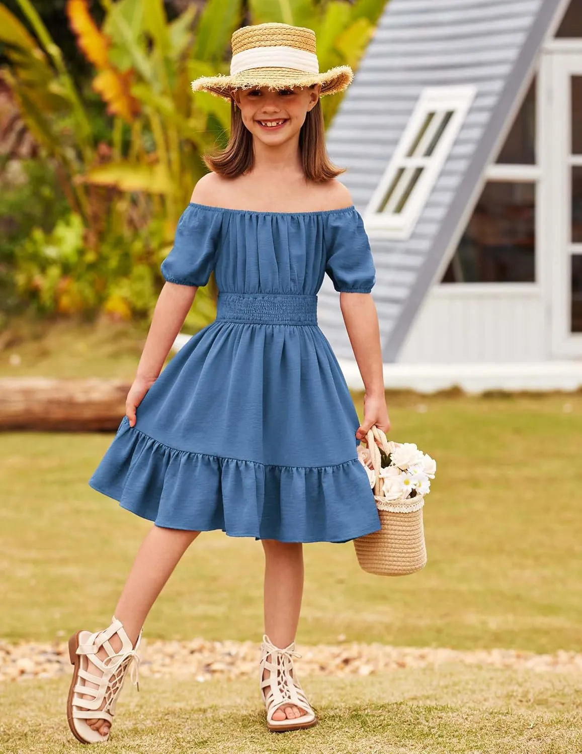 Arshiner Girls Tie Back Short Sleeve Ruffle Hem Off Shoulder Casual Elegant Dresses 4-12 Years