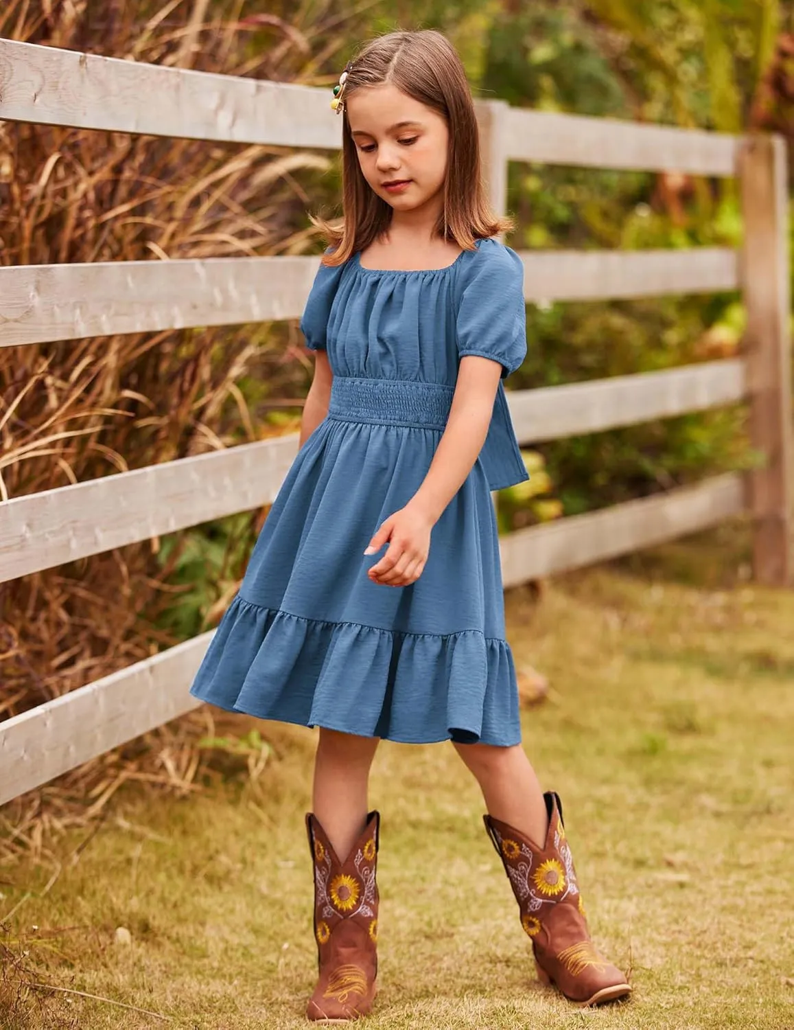 Arshiner Girls Tie Back Short Sleeve Ruffle Hem Off Shoulder Casual Elegant Dresses 4-12 Years