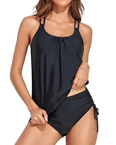 Athletic Blouson Tankini Top With Bikini Bottom Tummy Control Swimsuits-Black