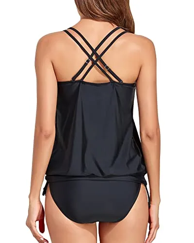 Athletic Blouson Tankini Top With Bikini Bottom Tummy Control Swimsuits-Black