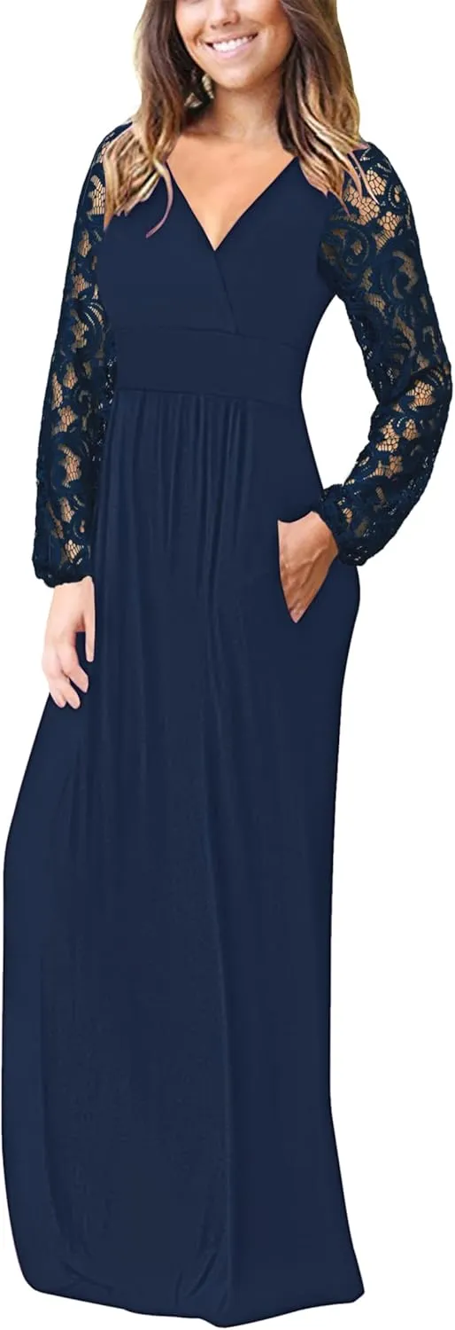 AUSELILY Womens Long Sleeve Maxi Dress 2025 Fall Lace Sleeve Dress V Neck Wrap Waist Long Dresses with Pockets