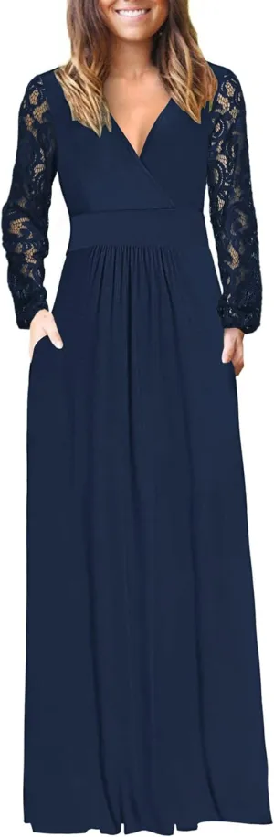 AUSELILY Womens Long Sleeve Maxi Dress 2025 Fall Lace Sleeve Dress V Neck Wrap Waist Long Dresses with Pockets