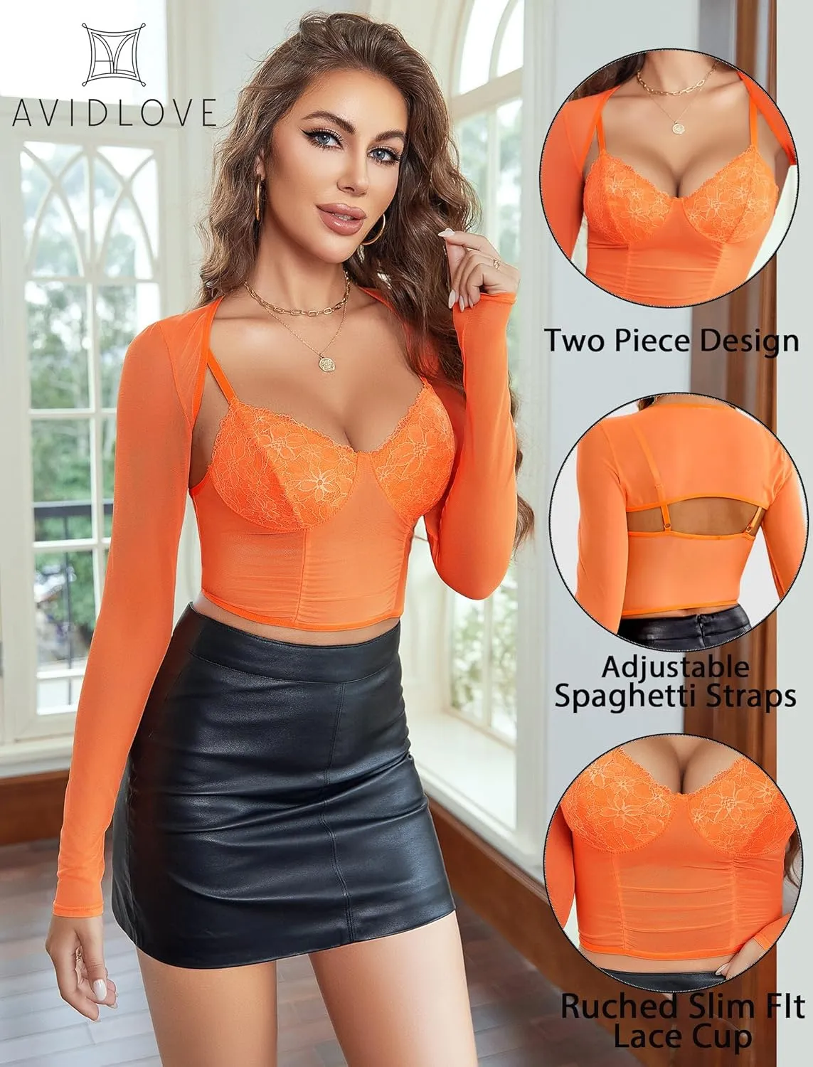Avidlove Mesh Cami Top with Shrug Long Sleeve Sheer Crop Tops Sexy Low Cut Camisole Going Out 2 Pieces Clubwear