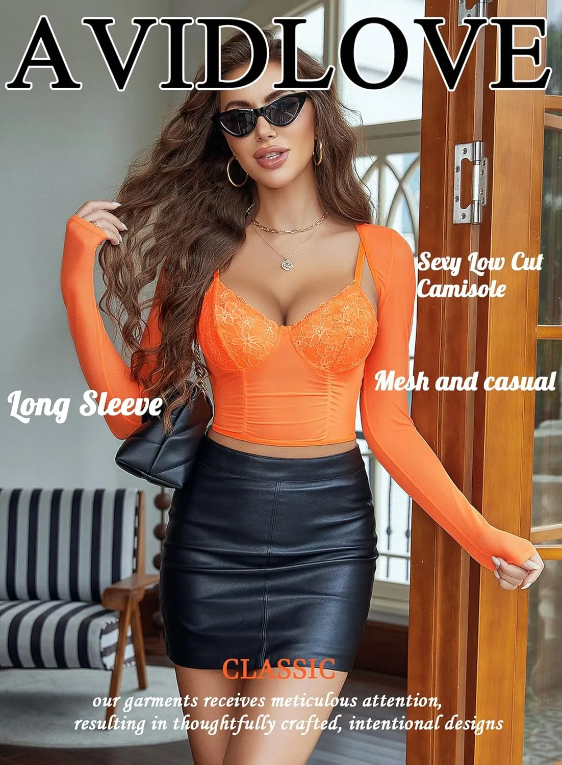 Avidlove Mesh Cami Top with Shrug Long Sleeve Sheer Crop Tops Sexy Low Cut Camisole Going Out 2 Pieces Clubwear