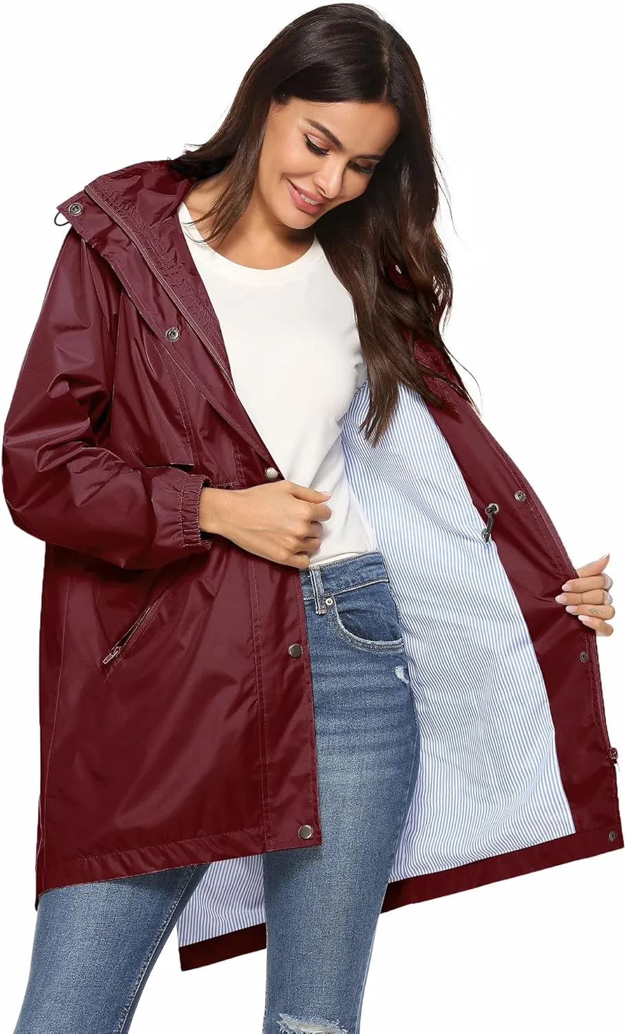 Avoogue Womens Raincoats Waterproof Cinch Waist Breathable All Weather Jacket Long