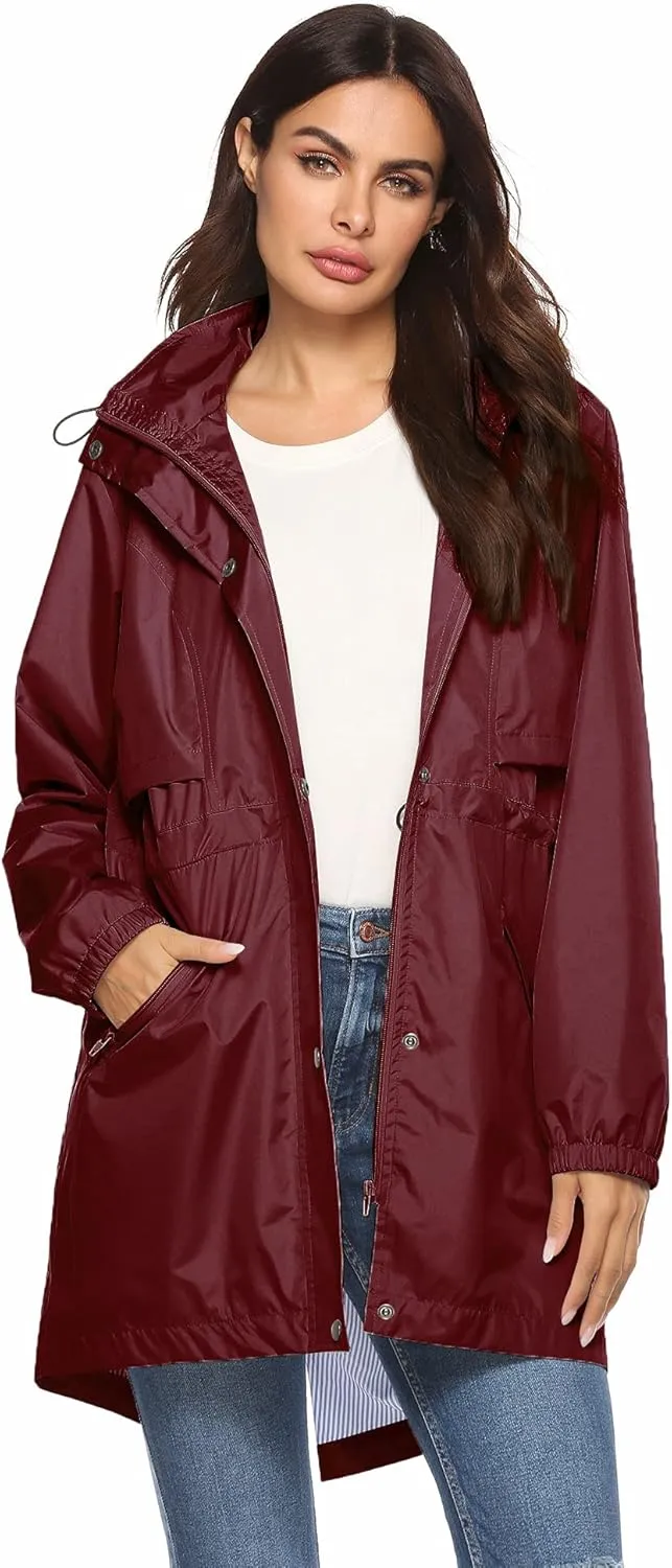 Avoogue Womens Raincoats Waterproof Cinch Waist Breathable All Weather Jacket Long