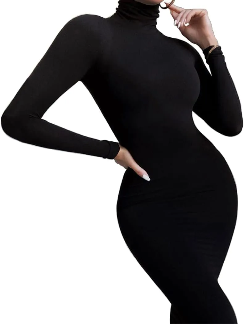 Azhong Women's Sexy Long Sleeve Turtleneck Jumpsuits Bodycon Back Zipper High Waist One Piece Casual Club Rompers