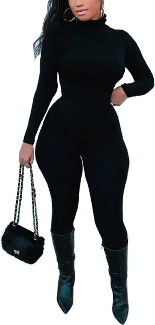 Azhong Women's Sexy Long Sleeve Turtleneck Jumpsuits Bodycon Back Zipper High Waist One Piece Casual Club Rompers