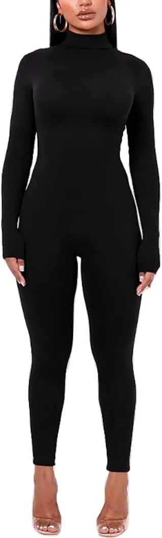 Azhong Women's Sexy Long Sleeve Turtleneck Jumpsuits Bodycon Back Zipper High Waist One Piece Casual Club Rompers