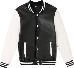 BAICAIYU Kids Baseball Leather Jackets Boys and Girls Varsity PU Letterman Coat Button Cardigan Bomber Lightweight Jacket