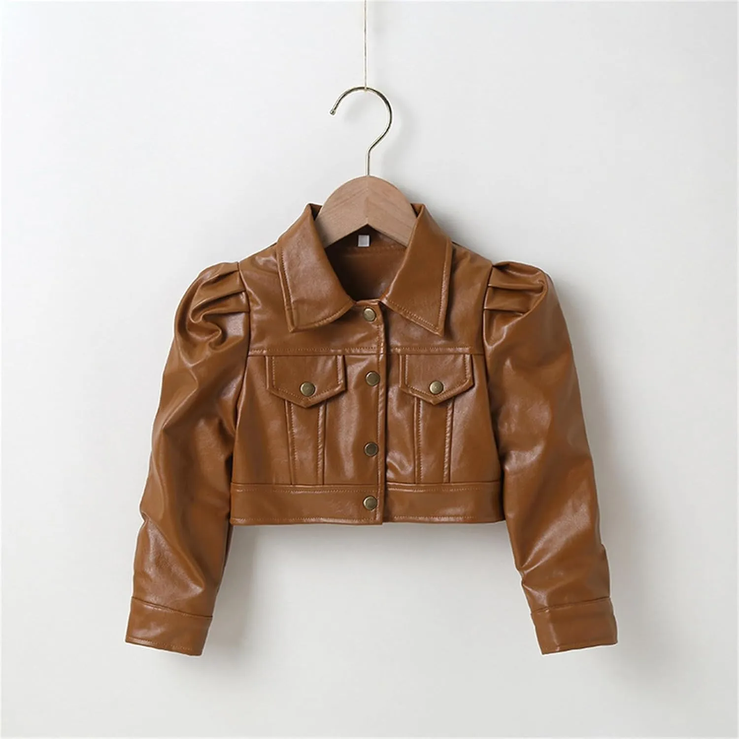 BILIKEYU Little Girls Cropped Leather Jackets Long Sleeve Buttons Down Lightweight Outwear Coats for Kids 2 to