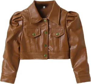 BILIKEYU Little Girls Cropped Leather Jackets Long Sleeve Buttons Down Lightweight Outwear Coats for Kids 2 to