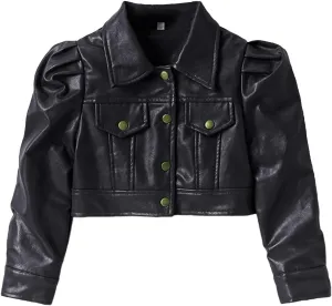 BILIKEYU Little Girls Cropped Leather Jackets Long Sleeve Buttons Down Lightweight Outwear Coats for Kids 2 to