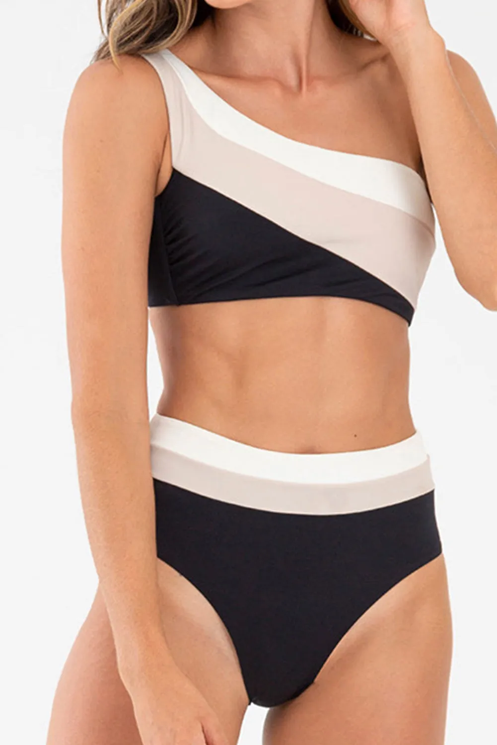 Black Triple Tones Colorblock One Shoulder High Waist Bikini