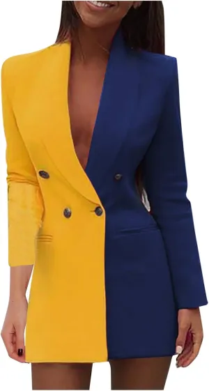 Blazer Dress for Women Trendy Colorblock Coats Double Breasted Long Sleeve Jackets with Pockets