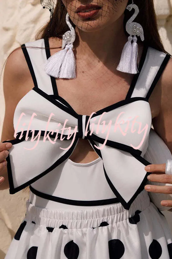 Bow Swimsuit and Elastic Waist Spotted One Piece Swimsuit   Skirt