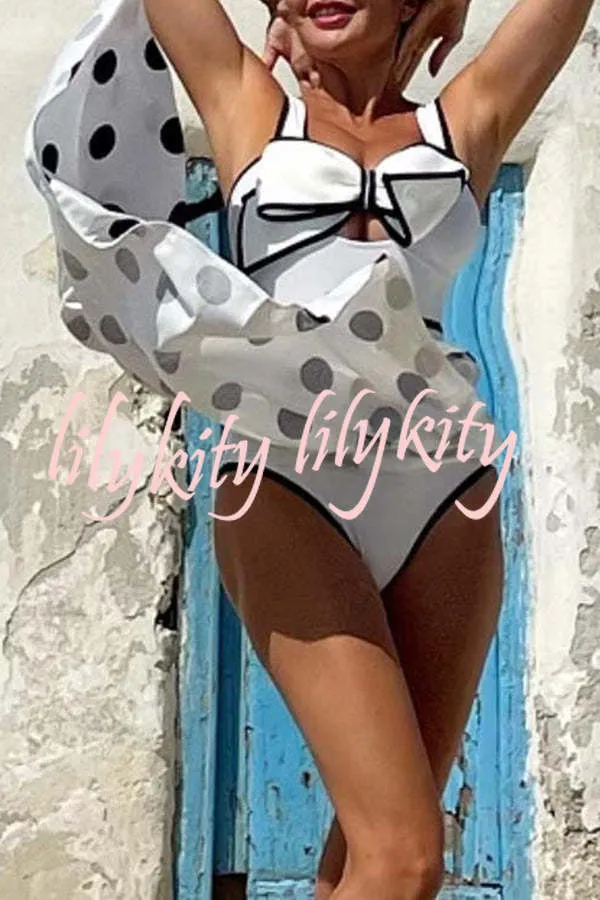 Bow Swimsuit and Elastic Waist Spotted One Piece Swimsuit   Skirt