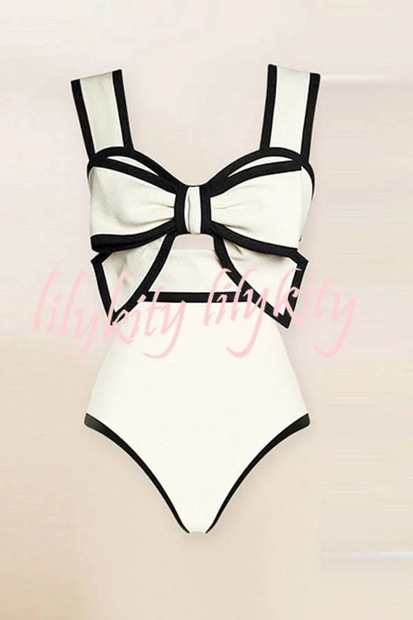 Bow Swimsuit and Elastic Waist Spotted One Piece Swimsuit   Skirt