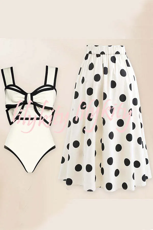 Bow Swimsuit and Elastic Waist Spotted One Piece Swimsuit   Skirt