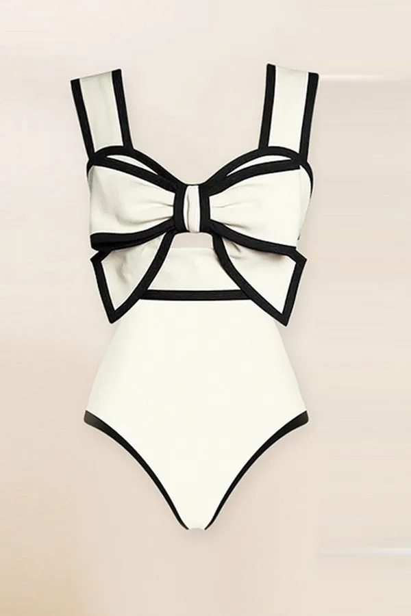 Bow Swimsuit and Elastic Waist Spotted One Piece Swimsuit   Skirt