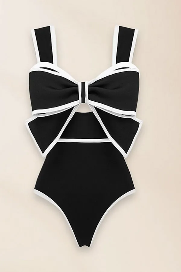 Bow Swimsuit and Elastic Waist Spotted One Piece Swimsuit   Skirt