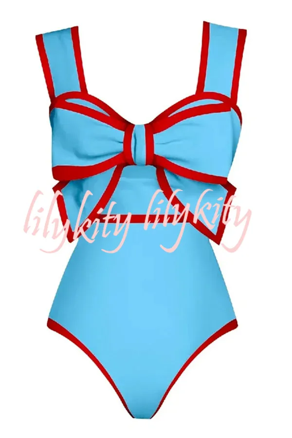 Bow Swimsuit and Elastic Waist Spotted One Piece Swimsuit   Skirt