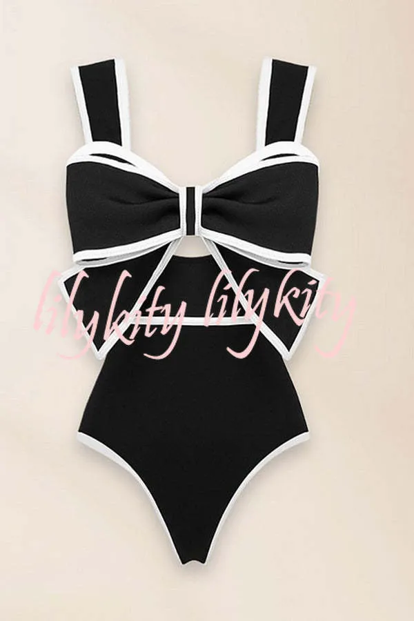 Bow Swimsuit and Elastic Waist Spotted One Piece Swimsuit   Skirt