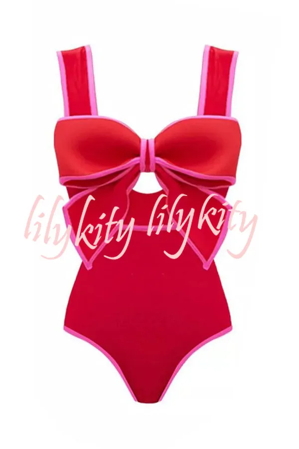 Bow Swimsuit and Elastic Waist Spotted One Piece Swimsuit   Skirt