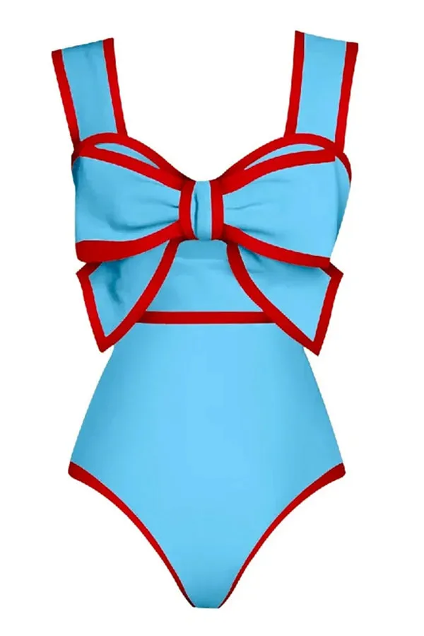 Bow Swimsuit and Elastic Waist Spotted One Piece Swimsuit   Skirt