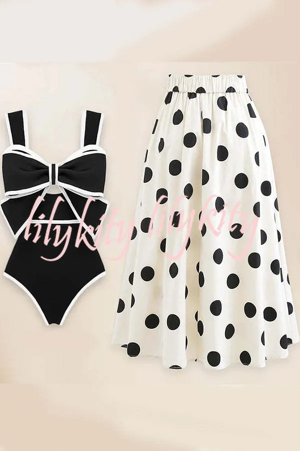 Bow Swimsuit and Elastic Waist Spotted One Piece Swimsuit   Skirt