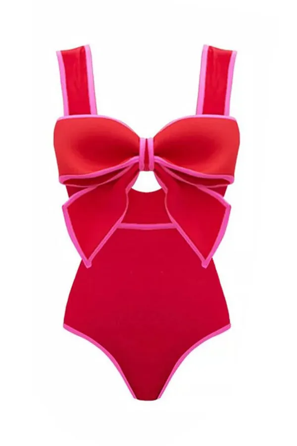 Bow Swimsuit and Elastic Waist Spotted One Piece Swimsuit   Skirt