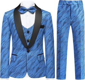 Boys Suit Slim Fit 3 Piece Tuxedo Formal Ripple Pattern Suit Set One Button Blazer Jacket Vest Pants