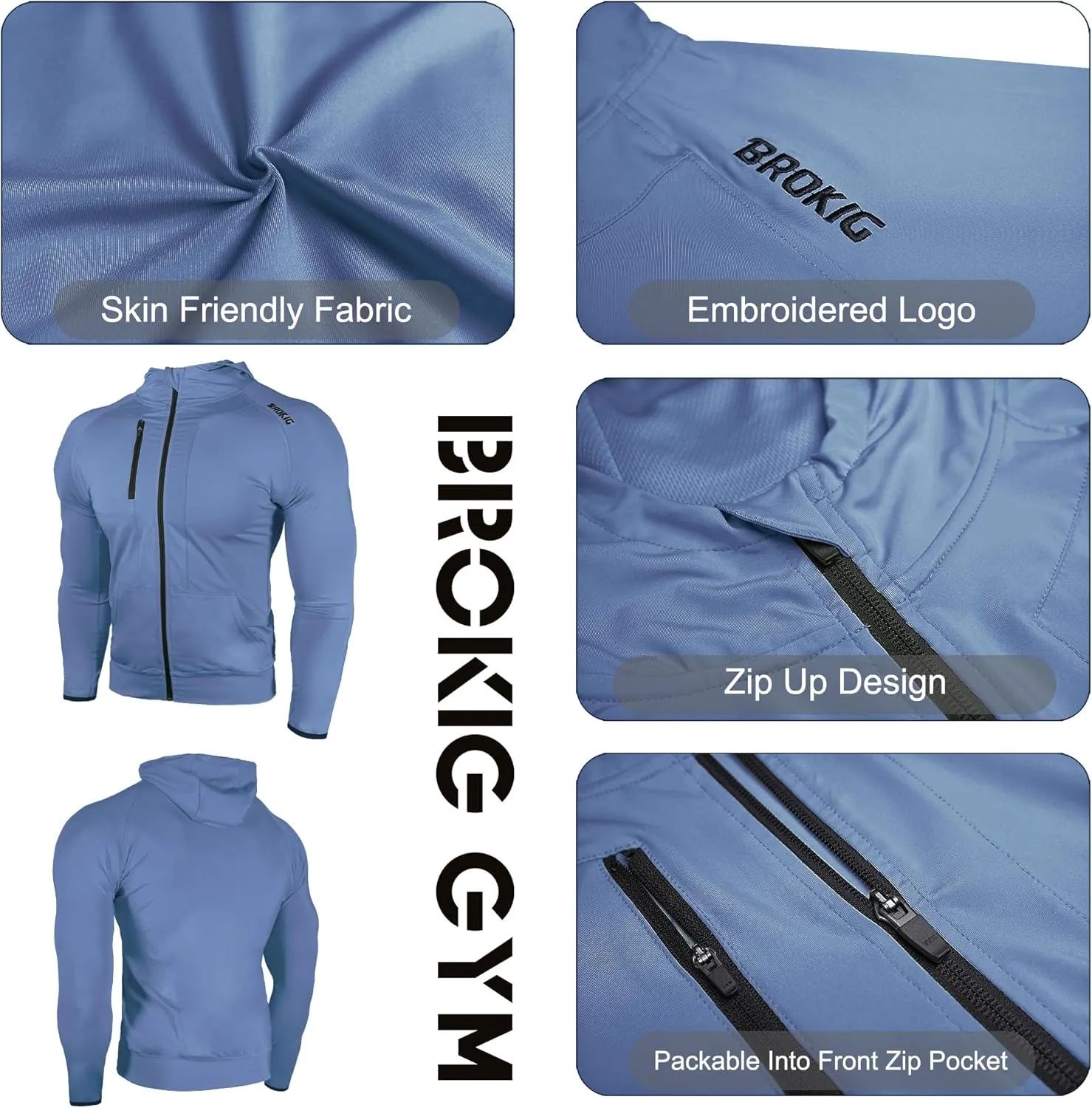 BROKIG Mens WindBreak Lightweight Running Jackets with Zip Pocket, Workout Track Hoodie Athletic Gym Sweatshirts Men