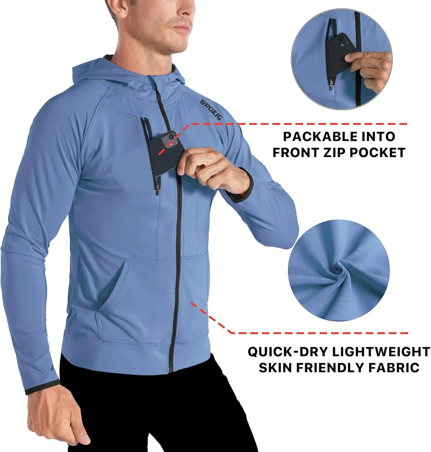 BROKIG Mens WindBreak Lightweight Running Jackets with Zip Pocket, Workout Track Hoodie Athletic Gym Sweatshirts Men