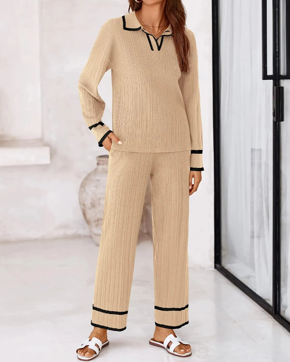 BTFBM Womens 2 Piece Outfits Fall Winter 2024 Long Sleeve V Neck Sweater and Wide Leg Pants Lounge Sets Knit Tracksuits